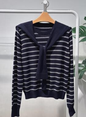 MM麦檬带披肩2026春新款休闲条纹圆领纯棉针织衫女上衣4H2131191