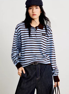 小麦檬春季新款蓝咖色条纹 Polo领宽松长袖针织衫4H2131101