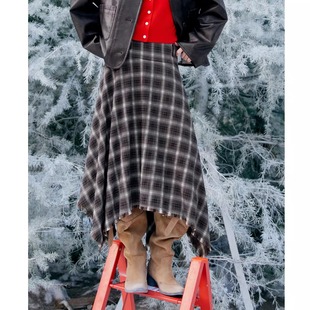 小麦檬Pure 复古棕灰格纹不规则高腰中长半身裙4H1140591 Moment