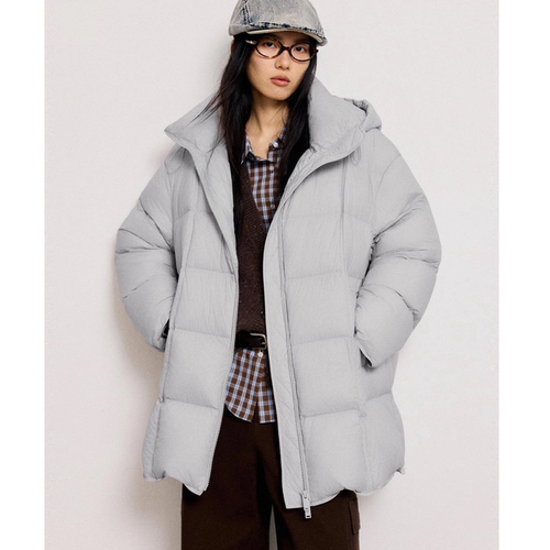 小麦檬Pure:Moment:冬浅灰连帽中长款通勤百搭羽绒服4GB182211