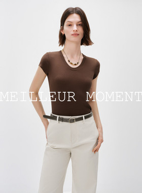 MM麦檬微笑线T恤原创定制面料/棉氨混纺弹力短袖咖色2026夏季新款