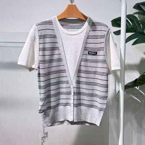 MM麦家26春新款女绵羊毛假两件条纹针织衫短袖开衫上衣4H3231071X