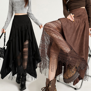 咖色不规则麂皮绒半身裙女2025秋季美拉德拼接蕾丝流苏a字长裙
