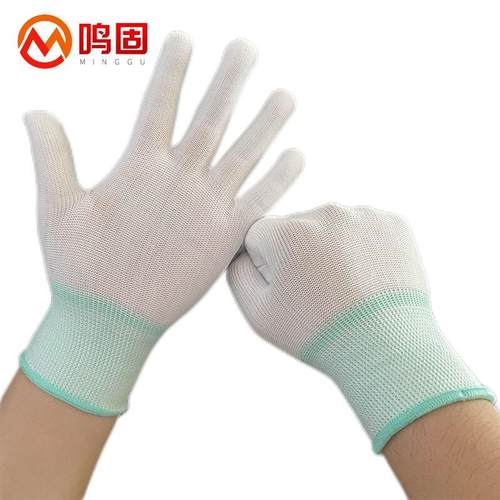 鸣固尼龙手套PU涂指涂掌浸胶涂层点塑手套防滑手套绿色M码12双ZG1