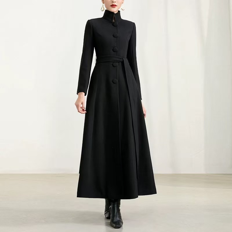 2024年秋冬新品外套长款修身立领前台案场售楼部工装黑色毛呢大衣