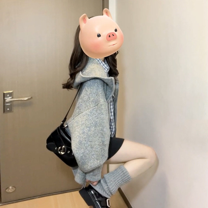 灰色小香风短款外套女春秋季2025新连帽拉链毛衣针织开衫上衣