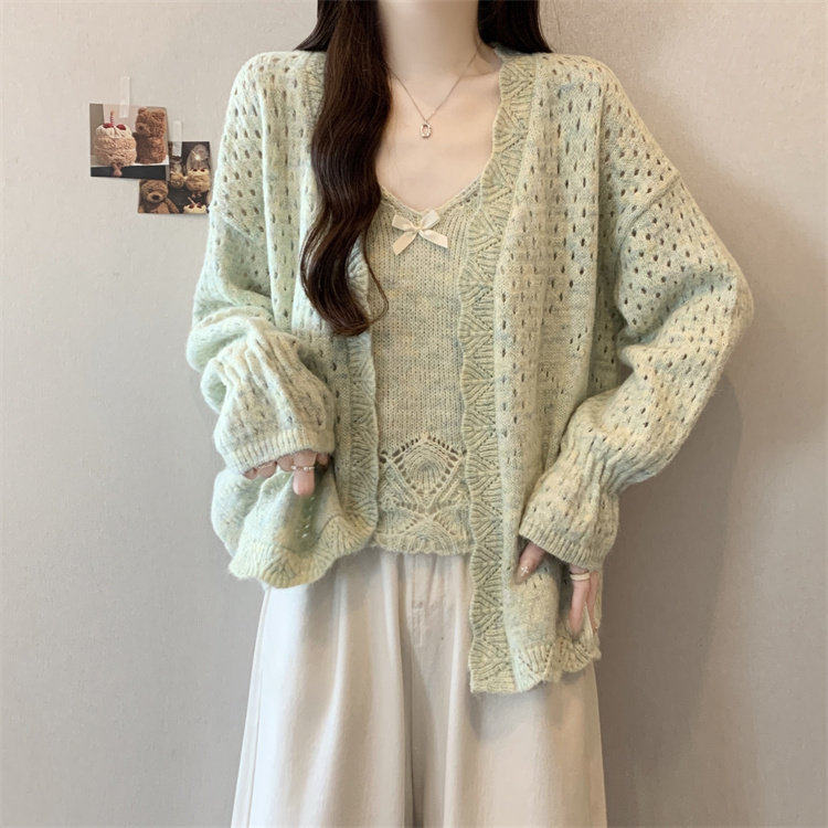 法式小香风套装女春秋大码胖mm巨好看针织开衫毛衣吊带背心两件套