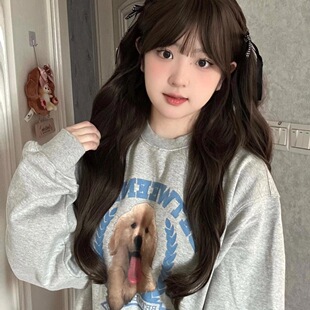 原宿新款圆领卫衣女装薄极简小众特色无帽上衣服印花小个子酷趣味