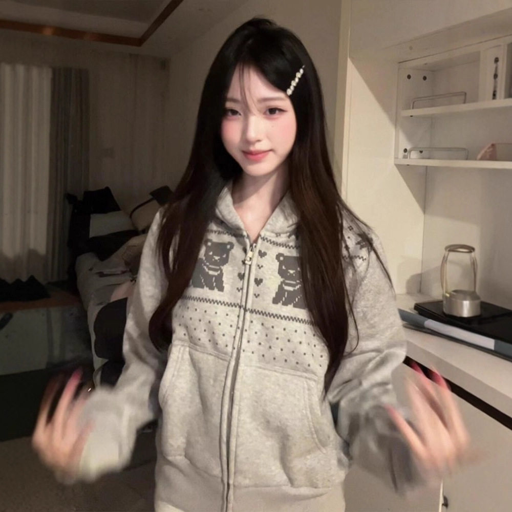 韩系复古灰色开衫波点小