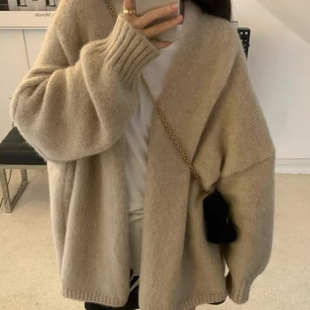 韩系软糯针织开衫女外穿秋冬季高级感宽松慵懒风中长款毛衣厚外套