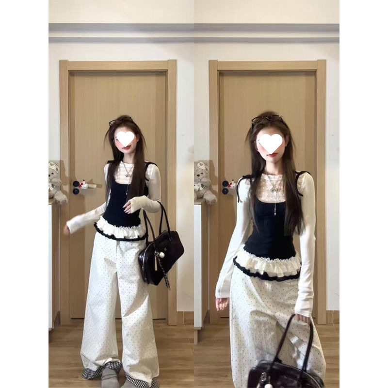 套装女2026春季新款韩系甜美假两件花边蕾丝吊带针织衫高腰阔腿裤