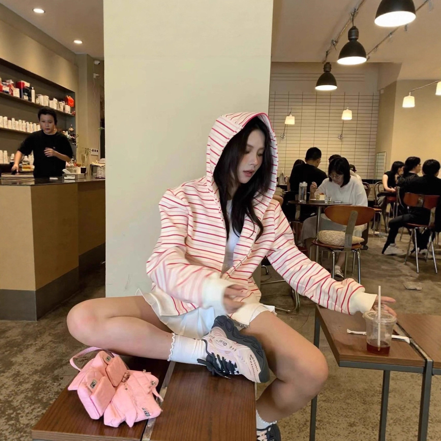 韩系chic慵懒风宽松粉白条纹开衫连帽卫衣女夏季2025新款休闲外套