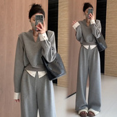 时尚 2026春秋气质拼接撞色小V领长袖 韩版 套装 上衣高腰直筒阔腿裤