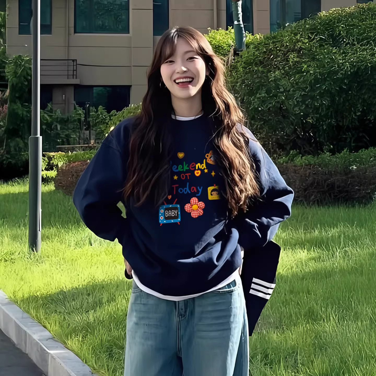 加绒女款卫衣2026新款爆款秋冬季藏青色宽松慵懒圆领无帽上衣长袖