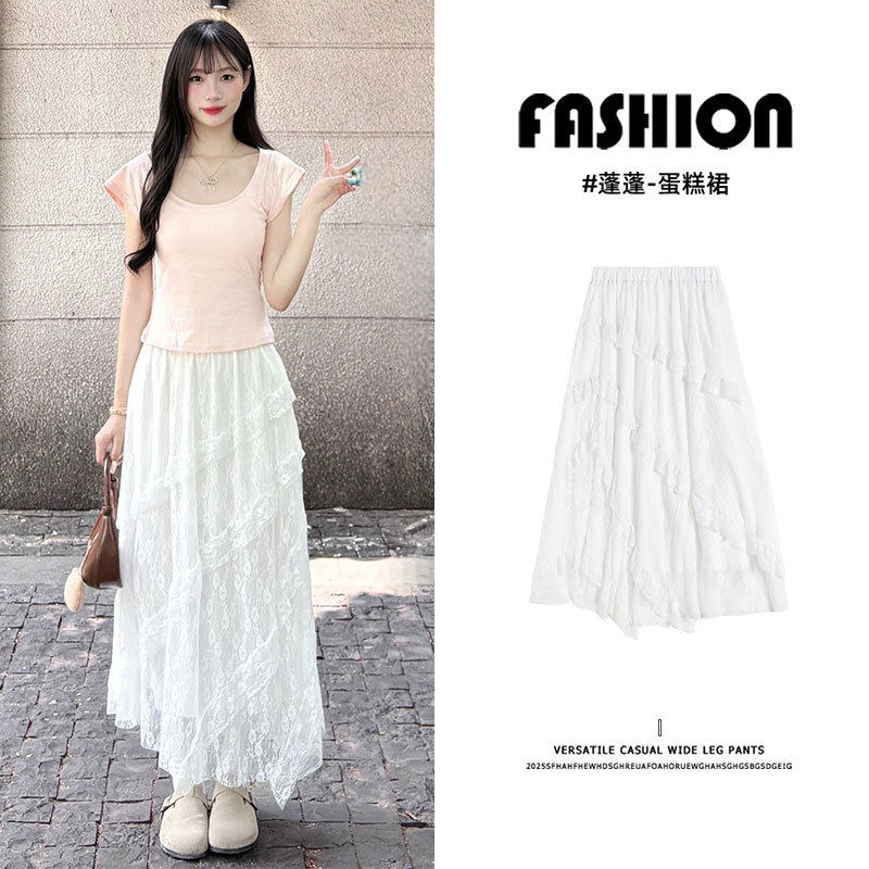 白色半身裙女2026新款今年流行爆款夏季高腰a字长裙子蕾丝蛋糕裙