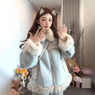 巨好看皮毛一体麂皮绒短外套女2025冬季加绒加厚小个子小香风夹克