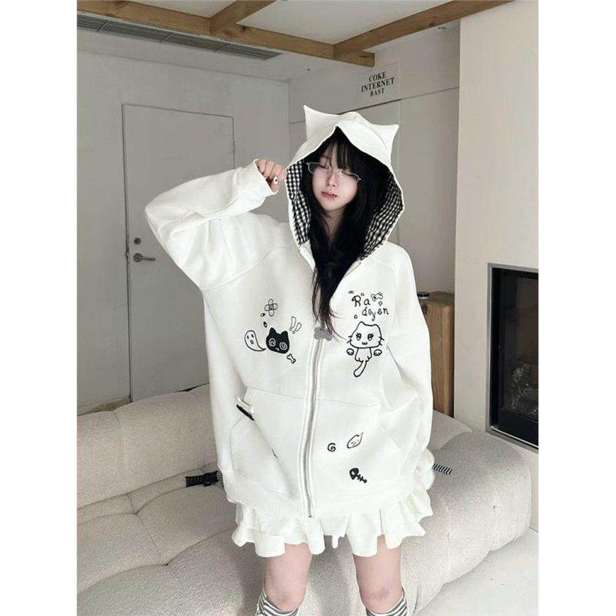 二次元可爱卡通猫咪印花连帽开衫卫衣女大童初中高中学生宽松外套