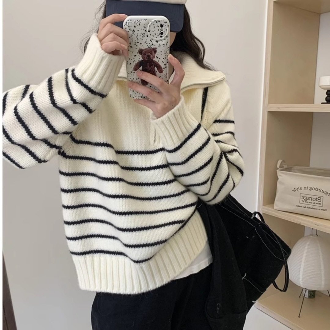 韩国东大门半拉链翻领毛衣女韩系小众条纹宽松上衣套头针织衫潮