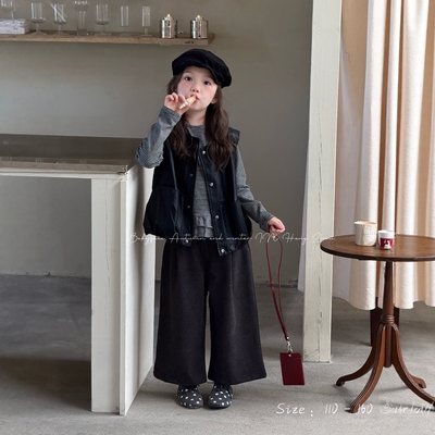 韩版童装2025秋款女童洋气条纹T恤衫pu马甲夹克儿童时髦皮衣外套