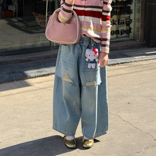 女童牛仔裤2026年春款破洞拼接宽松阔腿显瘦洋气儿童韩版直筒长裤