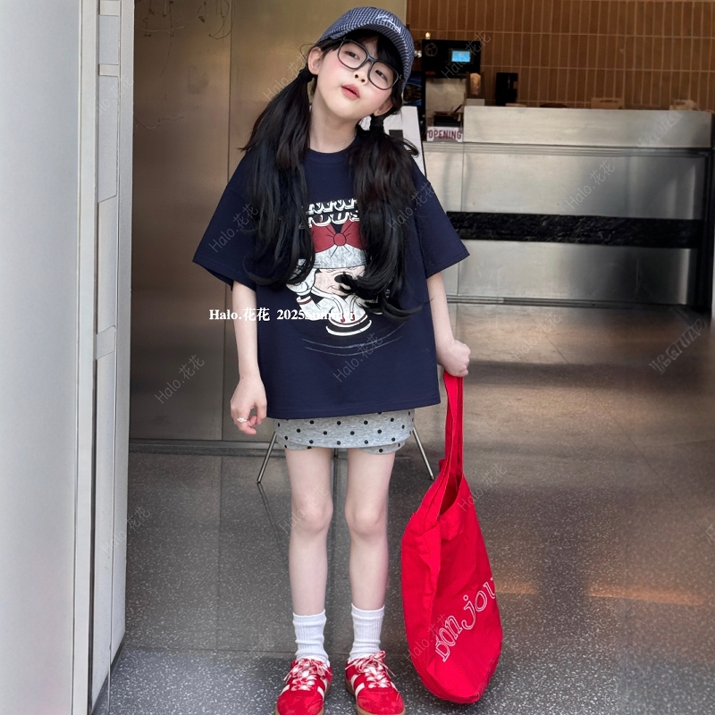 韩童装2025夏款女童卡通中长款短袖T恤上衣儿童点点高腰裤裙短裤
