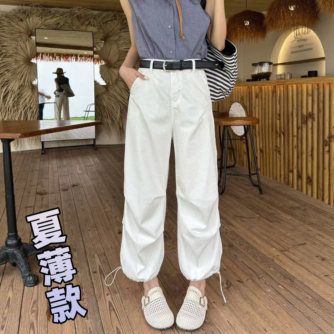 夏季新款白色阔腿休闲裤女薄款宽松八分束脚抽绳工装裤小个子显瘦