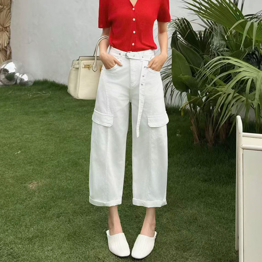 夏季新款白色阔腿休闲裤女薄款宽松高腰八分小个子直筒工装裤百搭