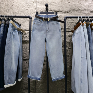 加绒加厚直筒牛仔裤女浅蓝色冬季宽松显瘦九分窄版法棍裤子烟管裤