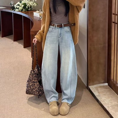 浅蓝色阔腿牛仔裤女冬加绒高腰