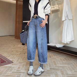 2026春季新款蓝色阔腿牛仔裤女弯刀裤九分宽松高腰休闲哈伦老爹裤