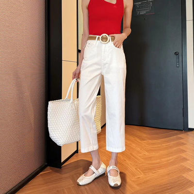 白色牛仔烟管裤女高腰直筒小个子