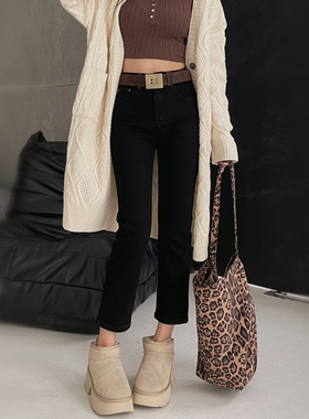 黑色加绒加厚牛仔直筒裤女九分高腰显瘦小个子窄版烟管裤秋冬新款