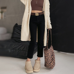 黑色加绒加厚牛仔直筒裤女九分高腰显瘦小个子窄版烟管裤秋冬新款