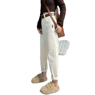 欧货冬季新款米杏色加绒加厚牛仔裤女高腰显瘦小脚休闲哈伦萝卜裤