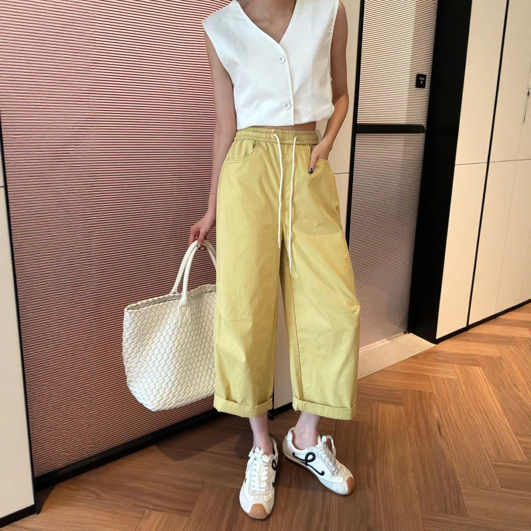 夏季超薄休闲裤女松紧腰宽松大码小个子八分哈伦阔腿裤直筒奶奶裤