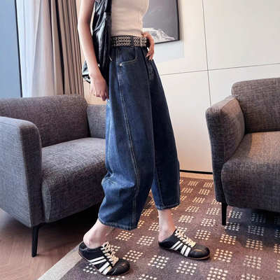 春夏新款阔腿牛仔弯刀裤女八分