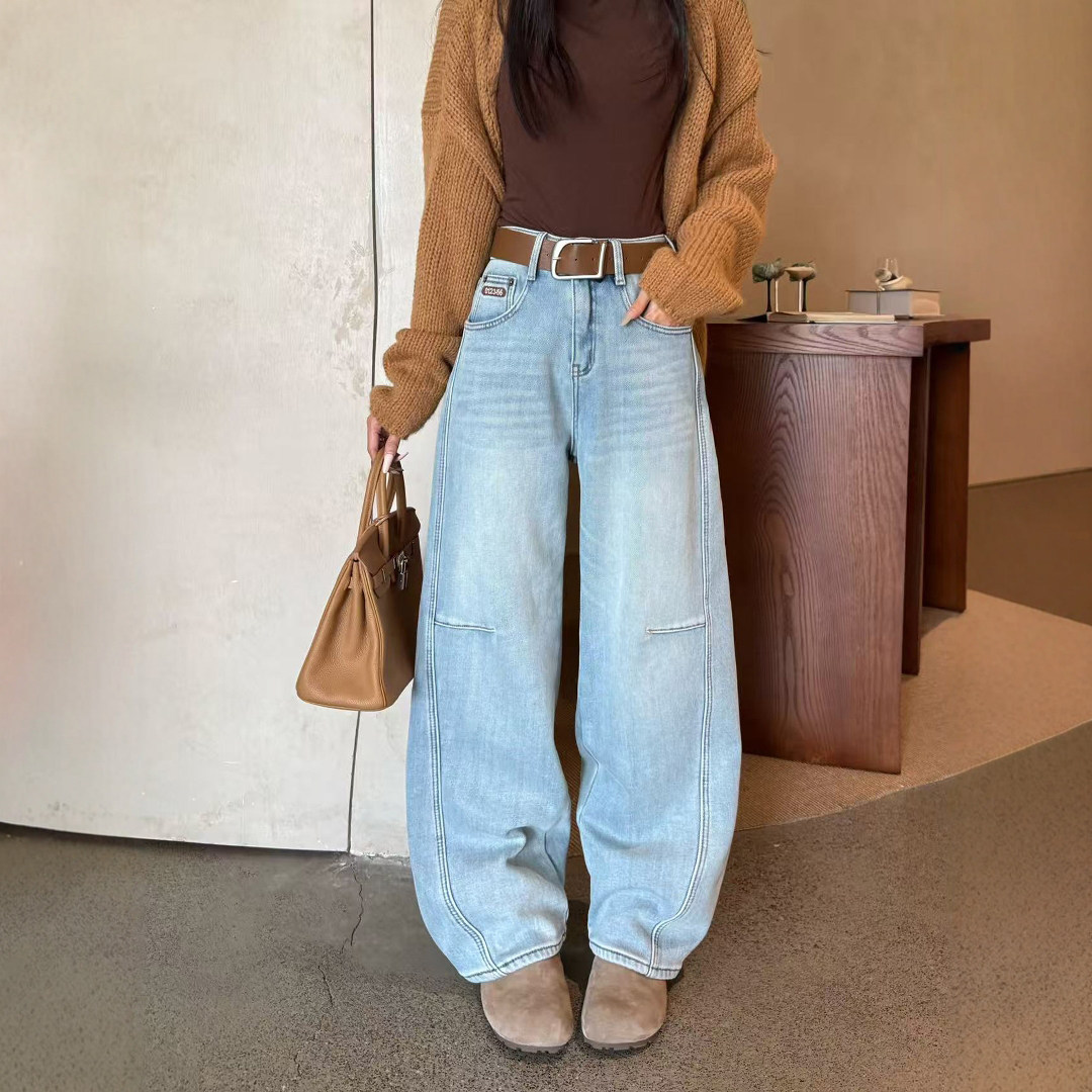 浅蓝色阔腿牛仔裤女加绒加厚