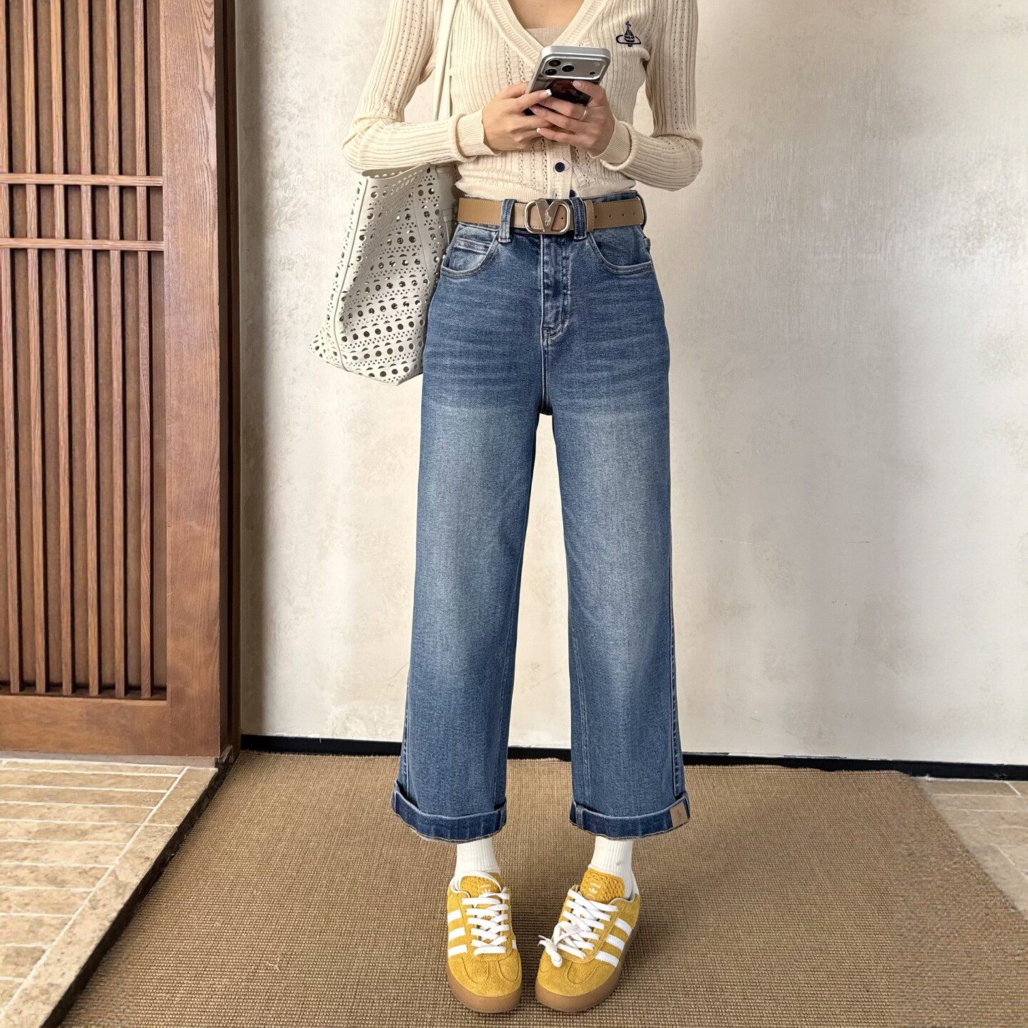 春新款蓝色直筒牛仔裤女高腰显瘦翻边九分小个子窄版法棍裤烟管裤