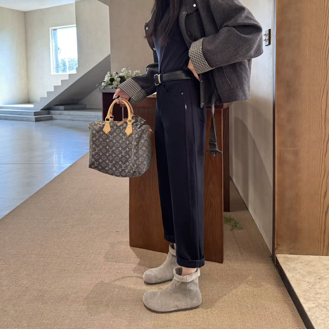 冬新款藏青加绒牛仔裤女直筒九分