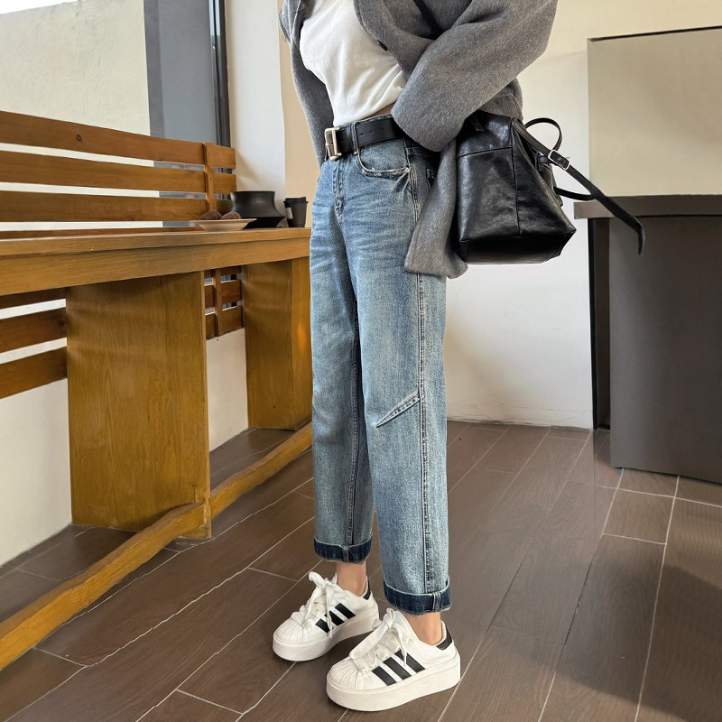 欧货2025春秋新款直筒牛仔裤女八分高腰小个子窄版法棍裤子烟管裤
