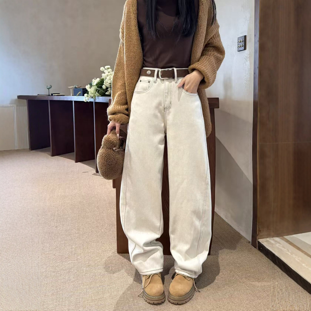 2025秋冬新款咖色阔腿牛仔裤女加绒宽松高腰显瘦弯刀裤直筒拖地裤