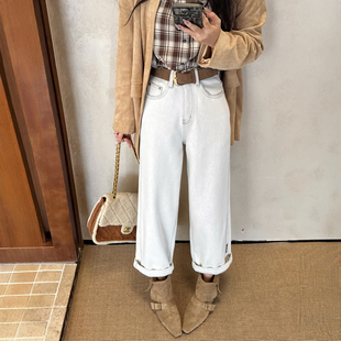 秋冬新款米灰色加绒加厚阔腿牛仔裤女宽松高腰保暖显瘦九分直筒裤