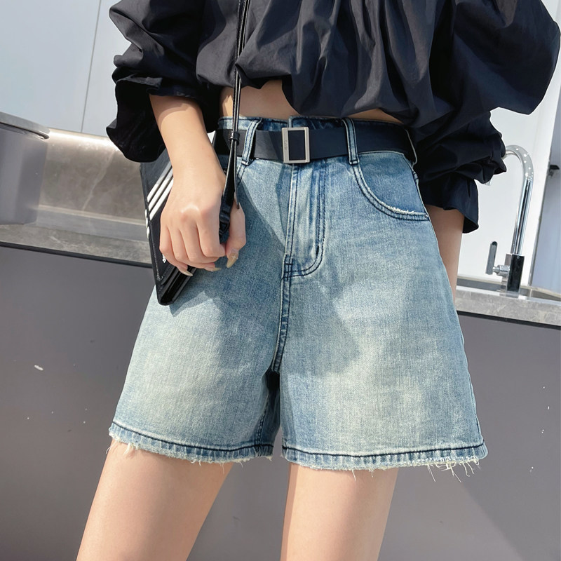 欧货夏新款蓝色阔腿牛仔短裤女高腰显瘦四分短裤宽松大码A字热裤