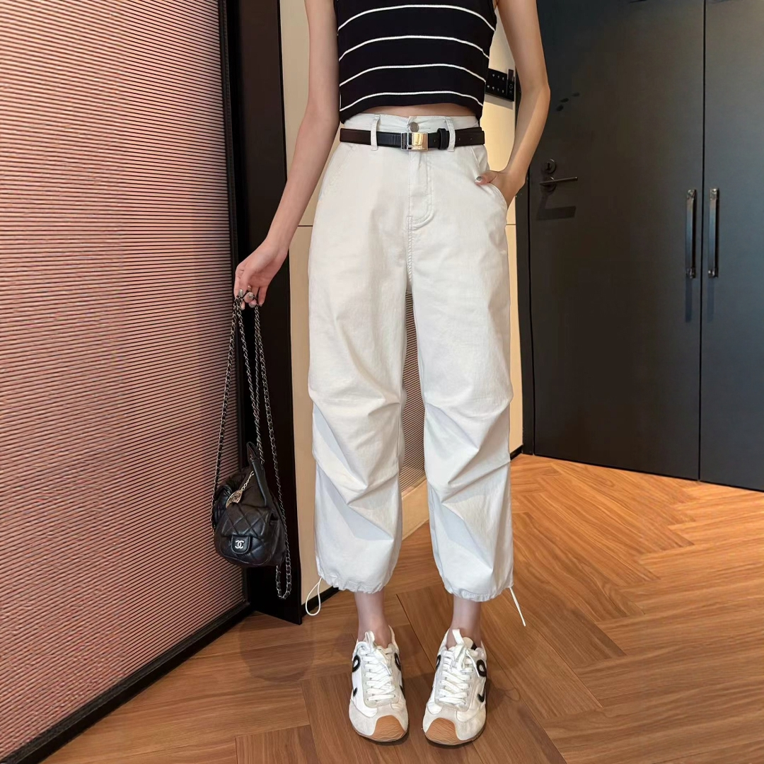 2025夏季薄款灰白工装裤女小个子宽松高腰直筒束脚八分休闲阔腿裤