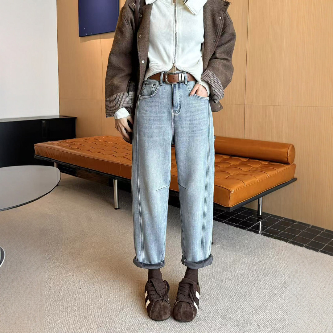 冬季新款浅蓝色加绒牛仔裤女高腰