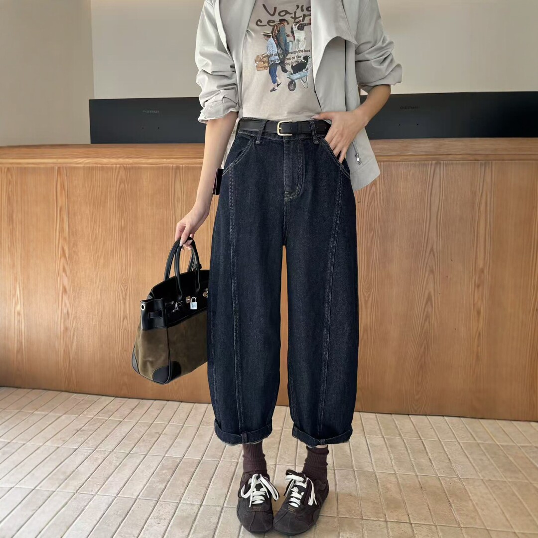 原色蓝宽松高腰九分老爹牛仔裤女