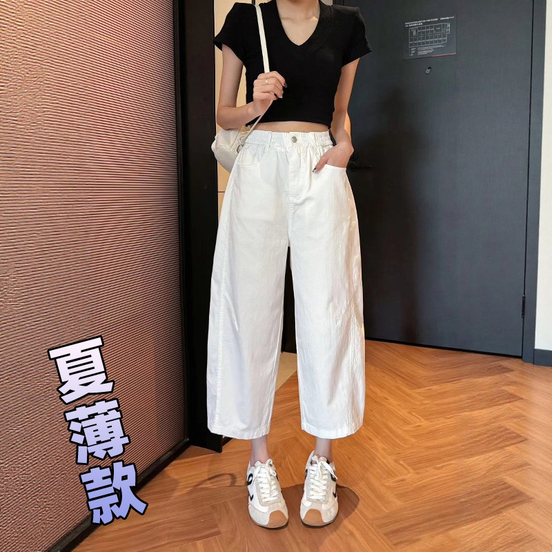 白色夏季薄款八分松紧腰阔腿裤