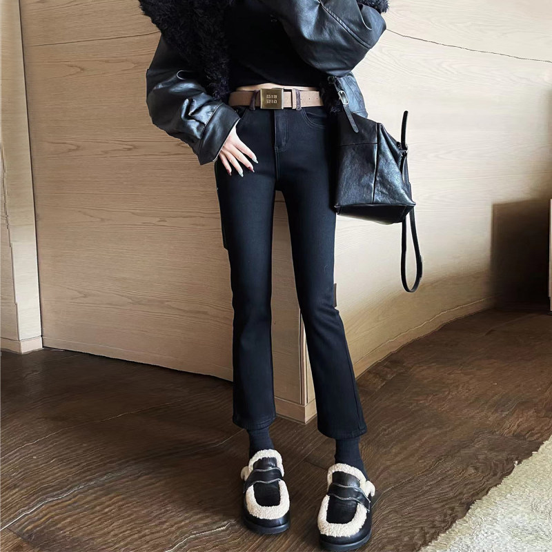 秋冬新款黑色直筒牛仔裤女加绒加厚高腰显瘦九分小个子烟管裤靴裤
