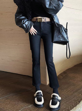 秋冬新款黑色直筒牛仔裤女加绒加厚高腰显瘦九分小个子烟管裤靴裤