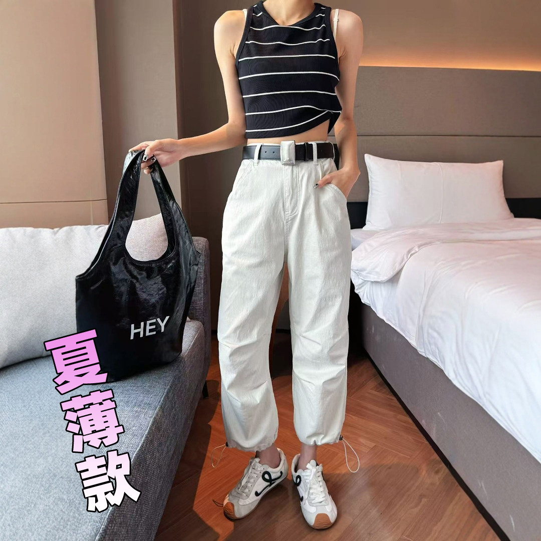 夏季薄款小个子束脚工装裤女高腰
